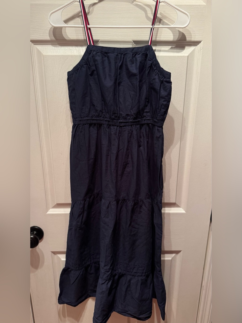 Women’s Tommy Hilfiger Navy Midi Dress with Signature Stripe Straps 2000s Medium